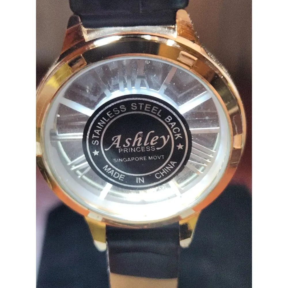 Ashley Princess Gold Tone Watch Rhinestone Bezel Black Dial Leather Strap